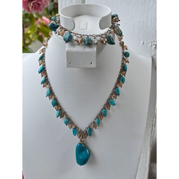 925 Sterling Silver Turquoise & Swarovski Crystal Necklace Bracelet Set - Picture 4 of 15